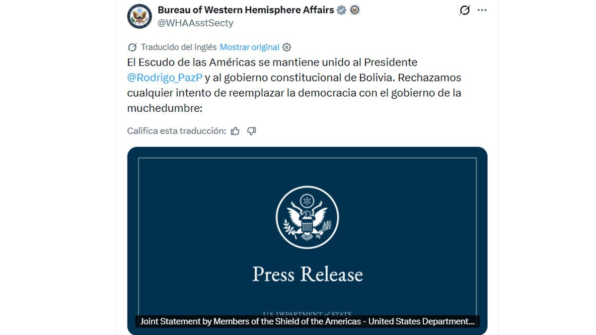 Comunicado  inspirado por el presidente de EE.UU. con el apoyo de Argentina y el respaldo al presidente de Bolivia. (Foto: Cuenta de X)