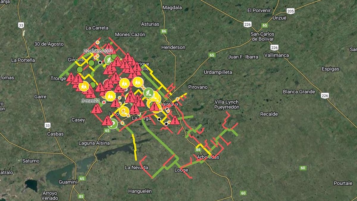 El mapa interactivo que los productores de Daireaux armaron con sus caminos rurales. 