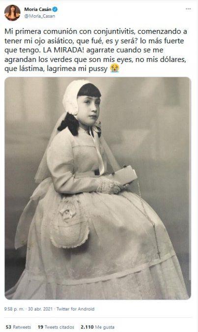 El posteo de Moria Casán tomando su primera comunión con conjuntivitis.