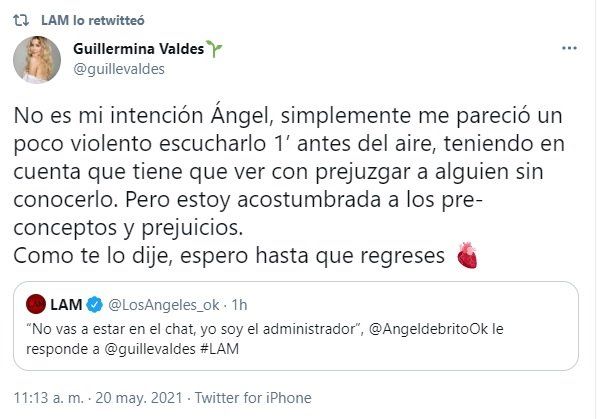 El cruce twittero de Guillermina Valdes y Ángel de Brito.
