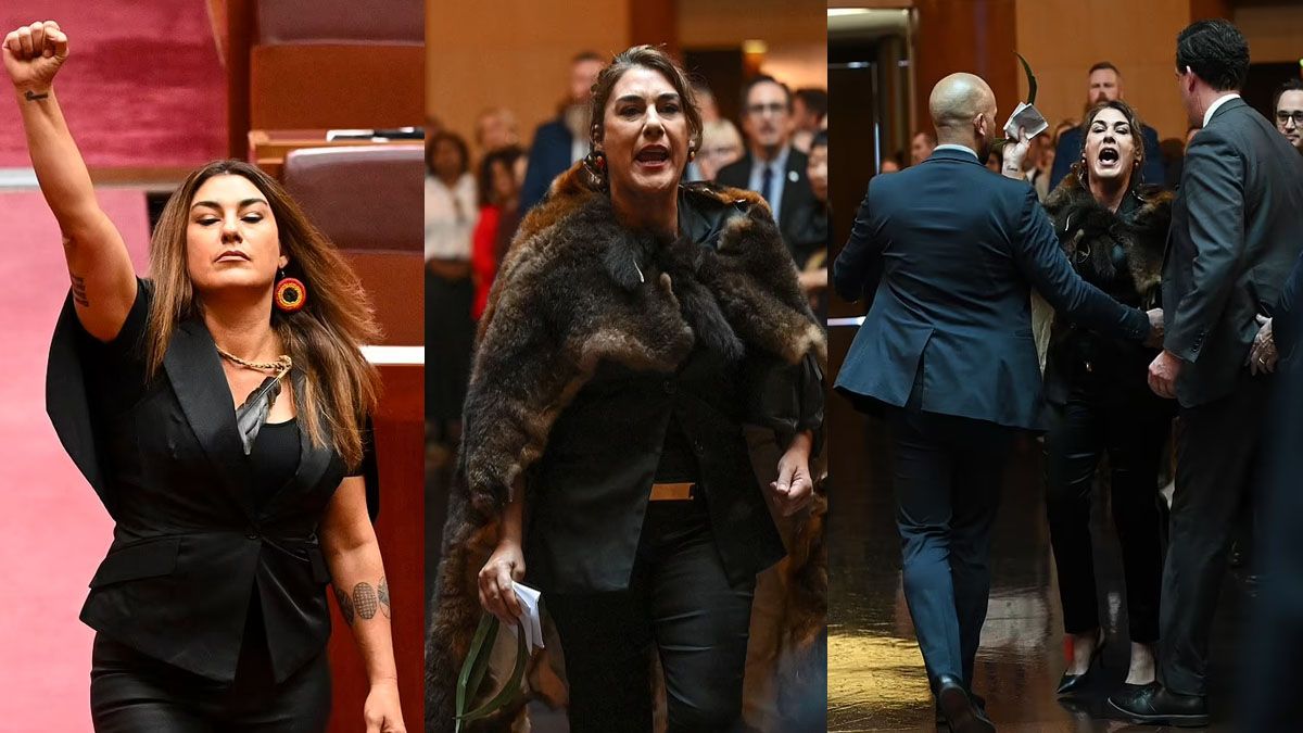 La senadora Thorpe contra el rey Carlos III. Con el puño en alto como protesta, lo acusó de genocida (Foto: A24.com).