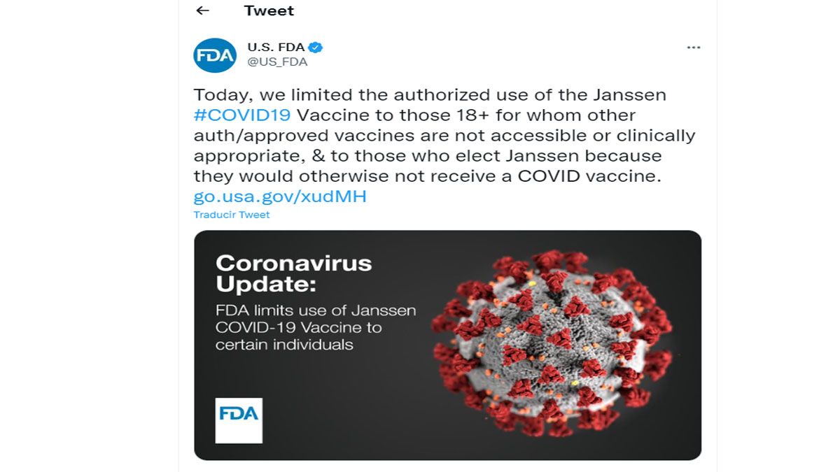 la FDA emitió un alerta por casos de trombosis derivados en la aplicación de vacunas de Johnson & Johnson contra el coronavirus (Foto: FDA)