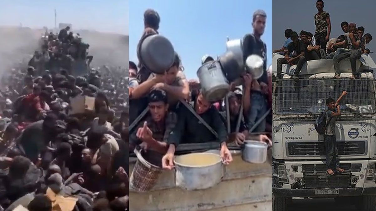 Tres imágenes de la desesperación de los gazatíes por tener algo de comida, en una situación catastrófica para la población. (Foto: Gentileza Daily mail)