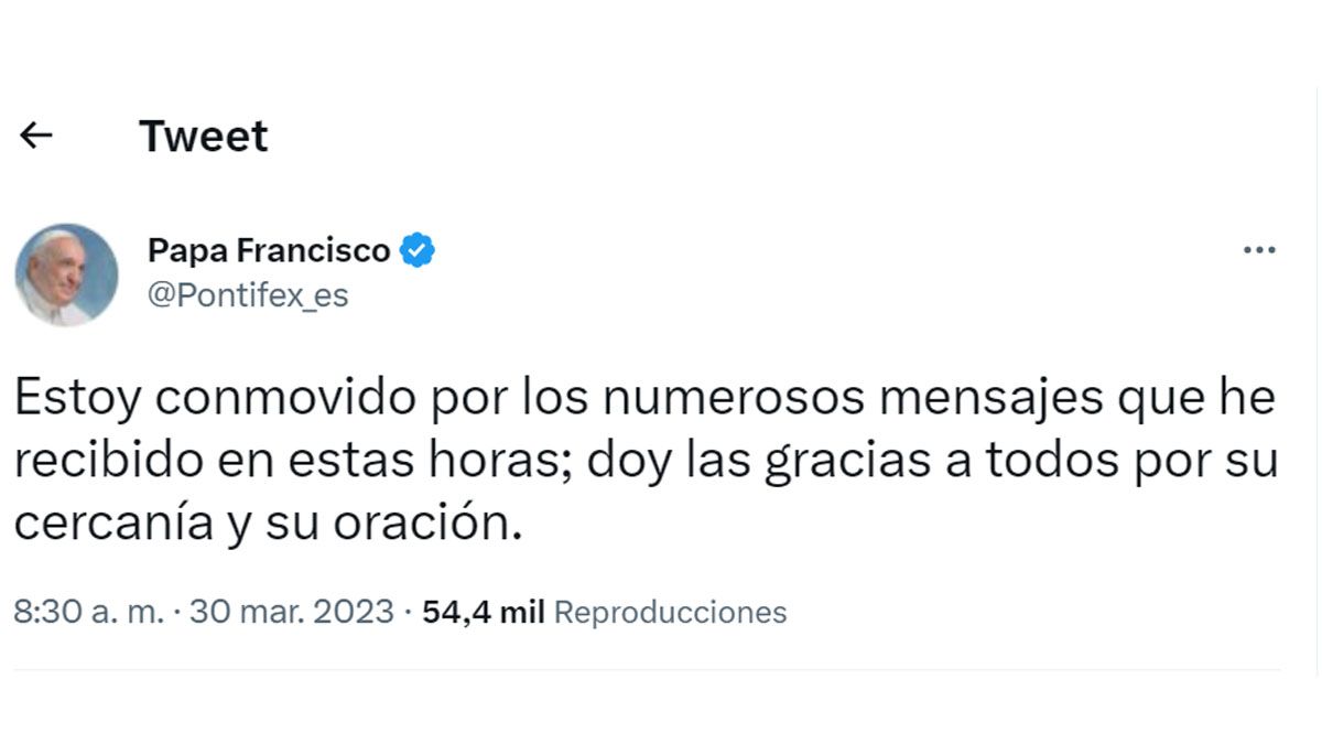 El papa Francisco agradeci&oacute; a los fieles su preocupaci&oacute;n por su estado de salud. (Foto: Cuenta oficial de papa Francisco)