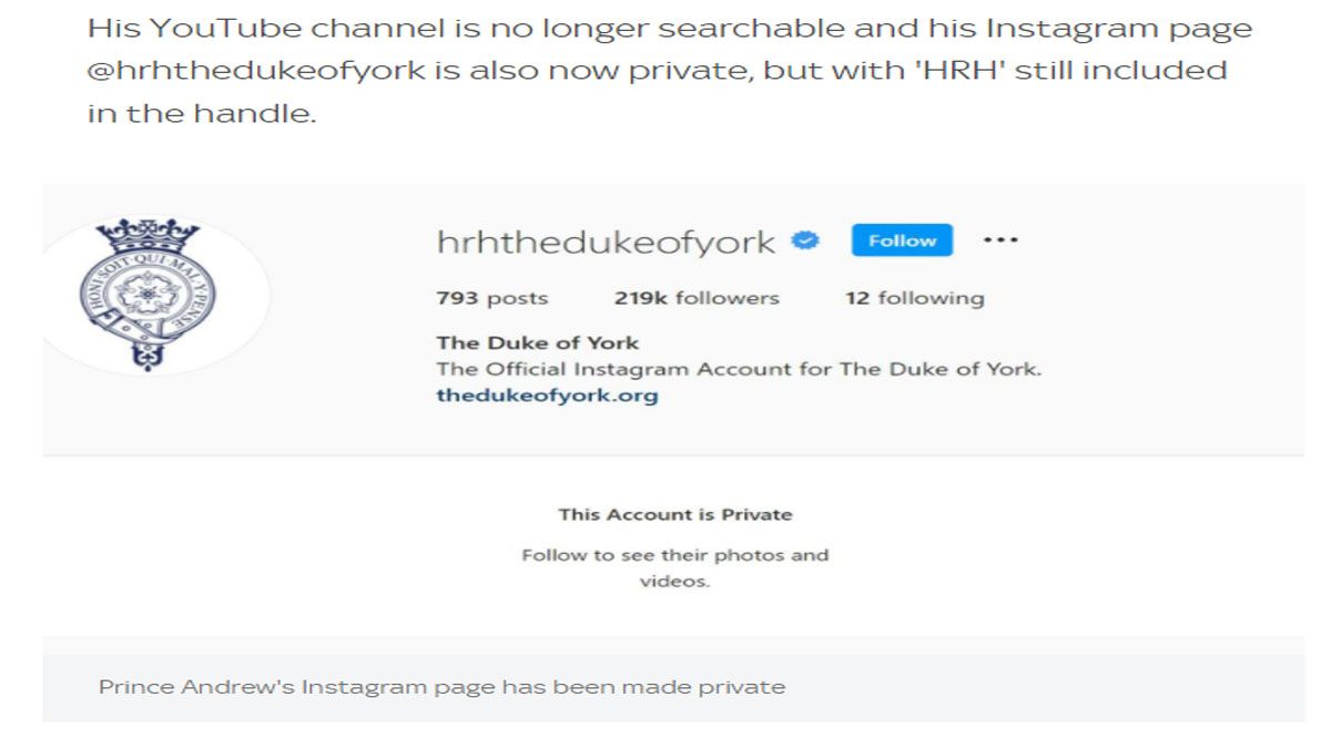 La cuenta de Instagram del duque de York pasó a ser solo 