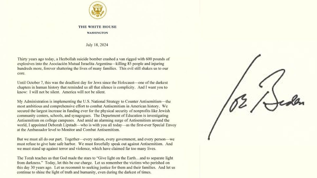 La carta enviada por Joe Biden, por el atentado a la AMIA. (Foto: Casa Blanca)