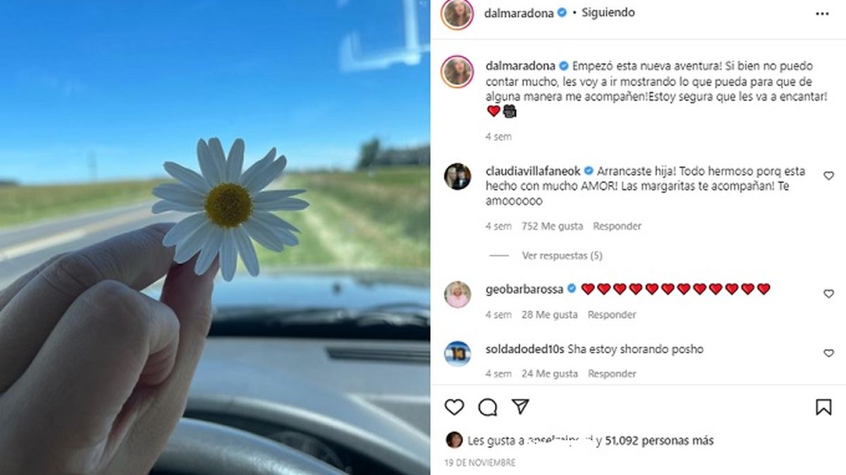 Con este posteo Dalma Maradona anunciaba misteriosamente el comienzo del rodaje de la docuserie que encabezar&aacute; sobre la vida de su padre, Diego Maradona, y que se llamar&aacute; La hija de Dios.&nbsp;
