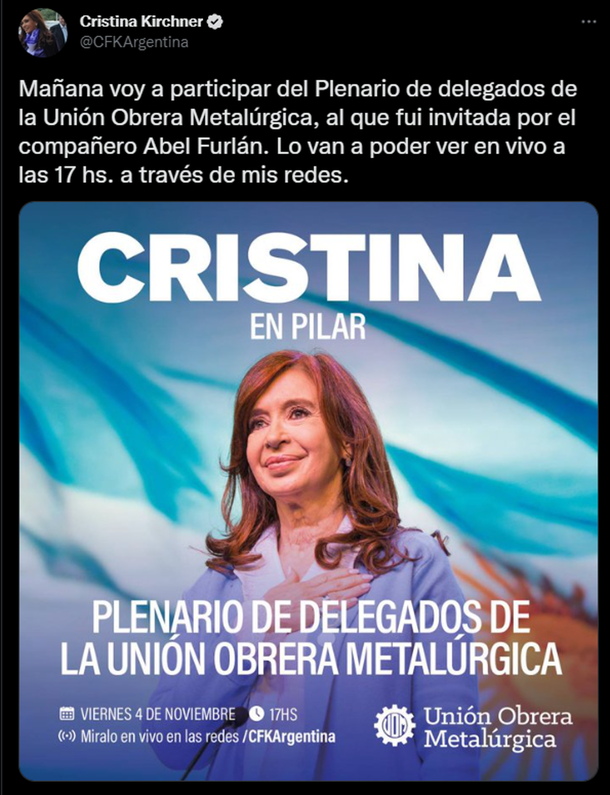 Cristina Kirchner Confirmó Su Participación Mañana En El Acto De La Uom