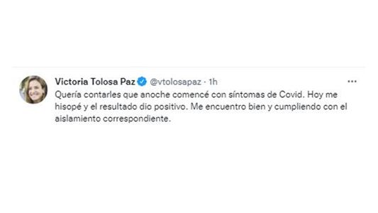 Victoria Tolosa Paz está aislada luego de dar positivo de coronavirus