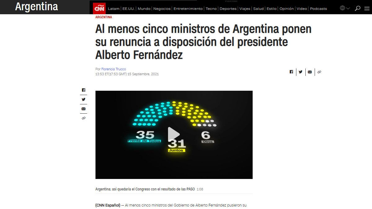 la CNN, sobre las renuncias de los funcionarios kirchneristas en el gobierno de Alberto Fernández (Foto: CNN)