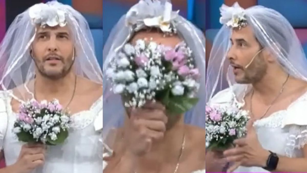 La propuesta de casamiento en vivo de Rodrigo Lussich, vestido de novia, a un colega español.jpg