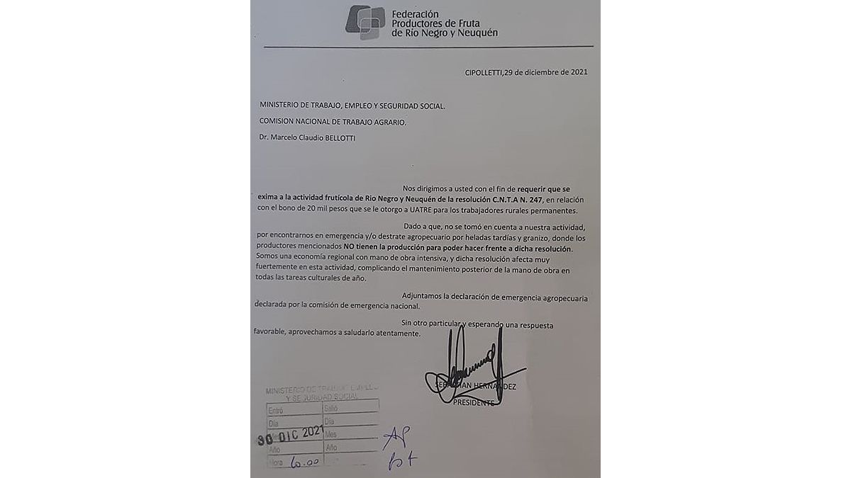 La carta con la que los productores agropecuarios del sur buscan ser eximidos del pago del bono. 