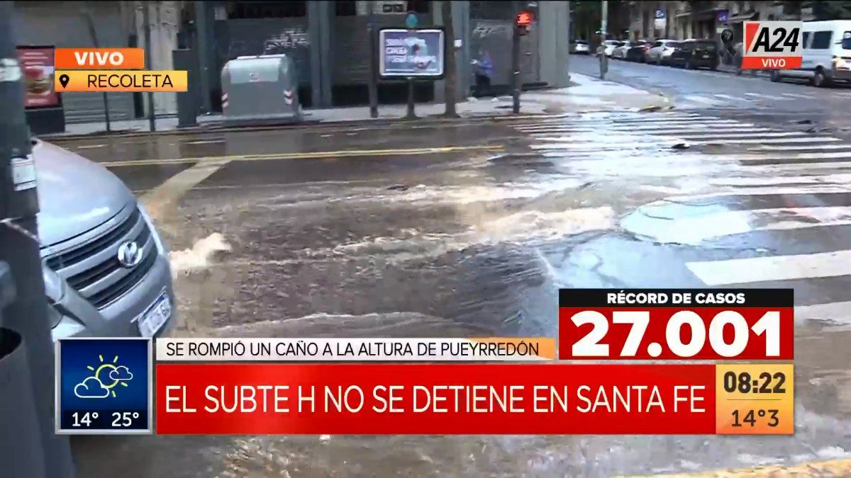 Av. Santa Fe se encontraba inundada por la rotura de un caño de agua (Foto: captura de TV).&nbsp;