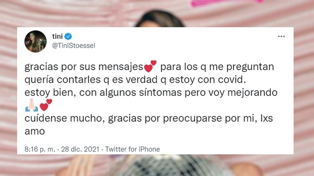 Tini Stoessel llev&oacute; tranquilidad a sus fans desde su cuenta de Twitter, tras confirmarse que tiene Covid-19.&nbsp;
