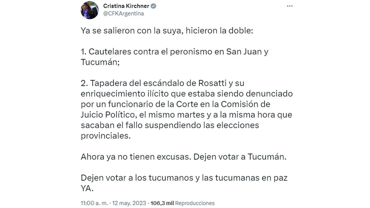 Cristina Fernández de Kirchner y su tuit por las elecciones en Tucumán del domingo. (Foto: Cuenta de Ttitter de CFK)