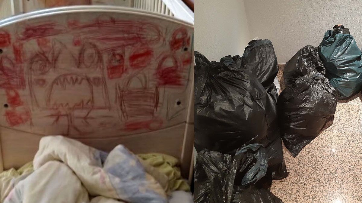 Niños de ocho años obligados a dormir en camas como cunitas. La policía reunió bolsas repletas con la basura que poblaba la casa. (Foto: A24.com)