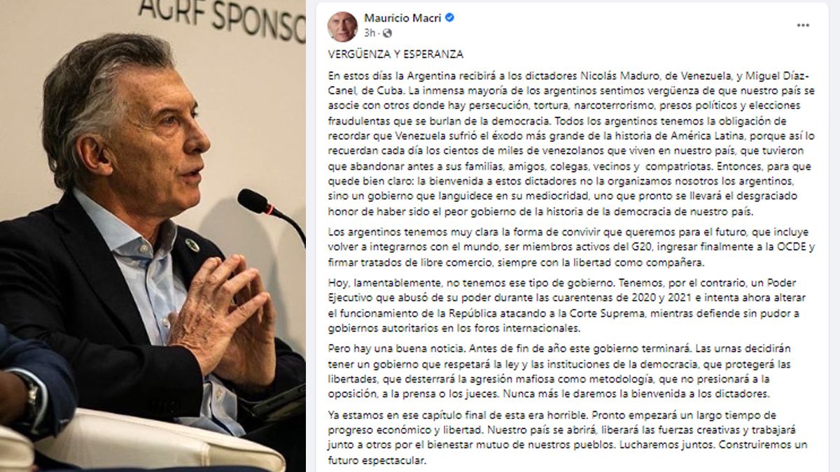 La carta de Macri contra el Gobierno por invitar a Maduro al pa&iacute;s. (Foto: Twitter Mauricio Macri)