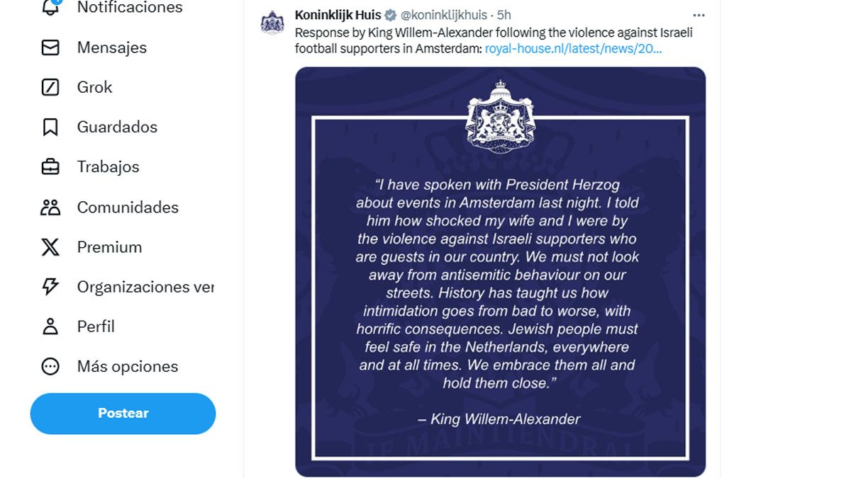El mensaje del rey Guillermo con su repudio a los actos antisemitas en Ámsterdam y su comunicación con el presidente de Israel. (foto: cuenta de X del rey Guillemo de Orange)
