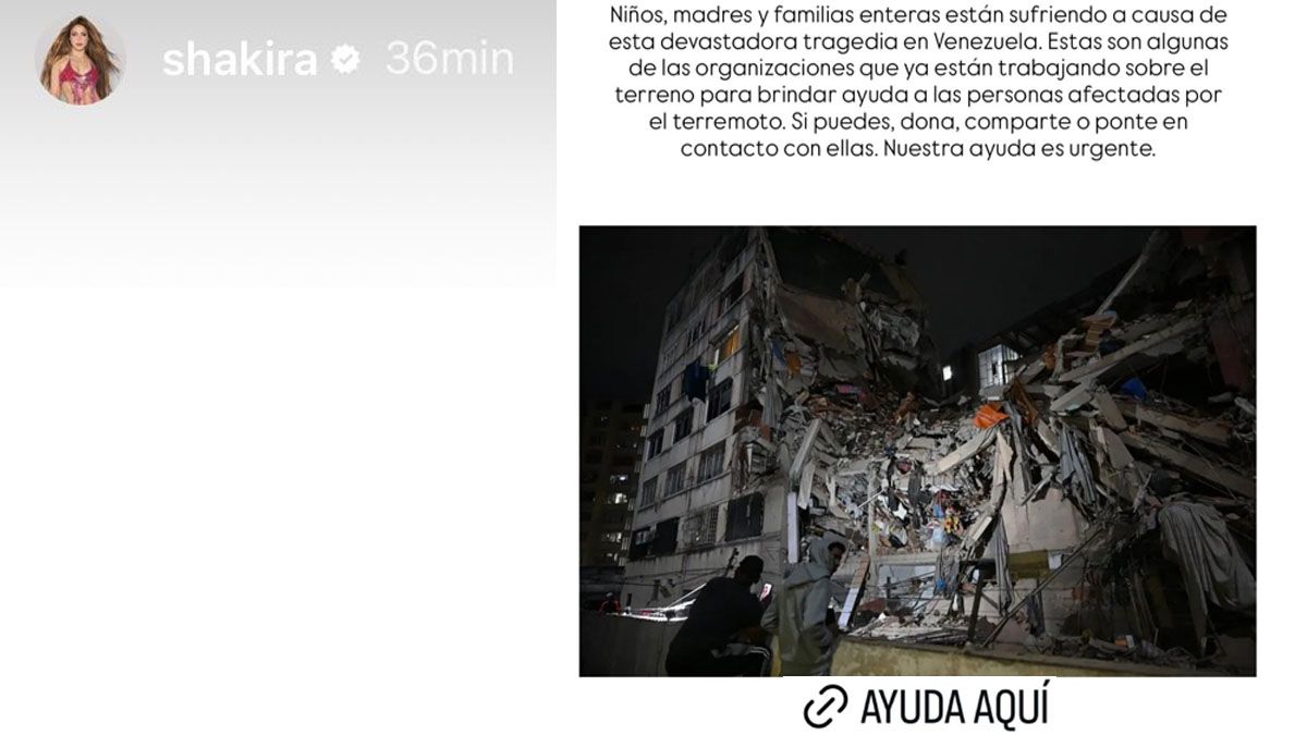 El posteo de Shakira en Instagram pidiendo ayuda para Venezuela (Foto: A24.com)