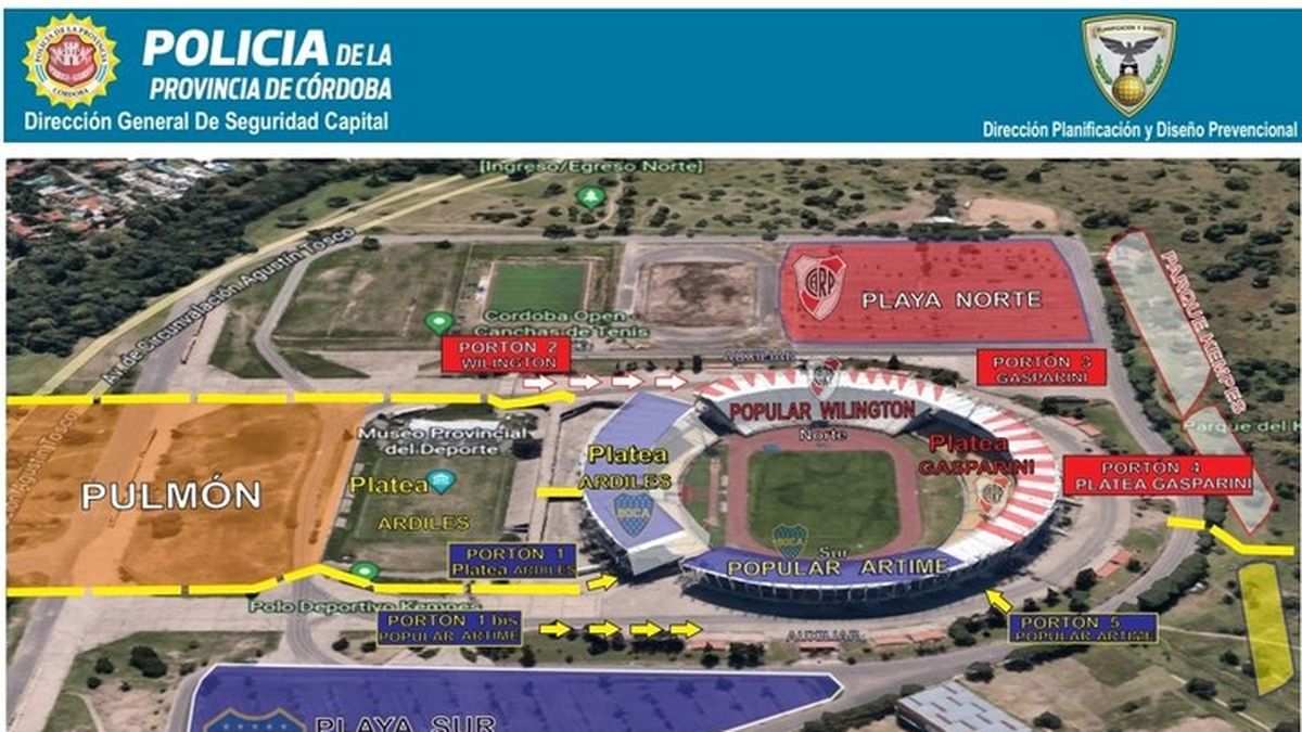 Así ingresarán los hinchas de ambos clubes. (Foto: Policía de Córdoba)