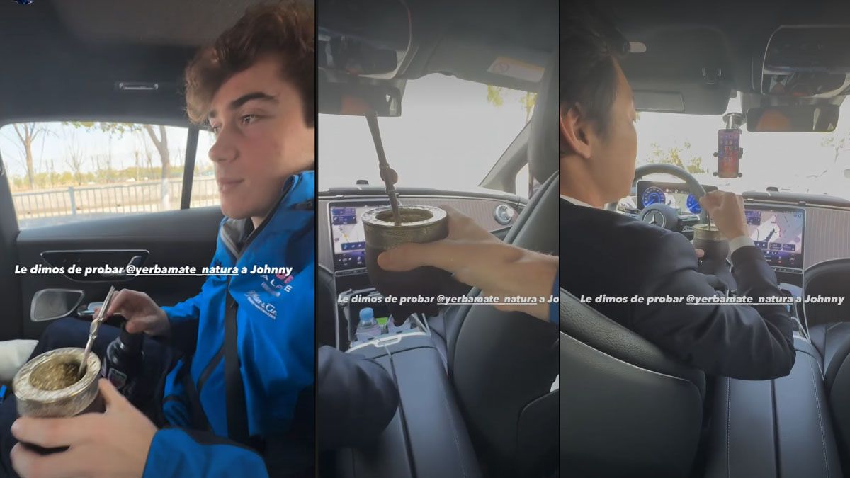 La secuencia de Colapinto cebando un mate para su chofer chino. (foto: Captura de TV)