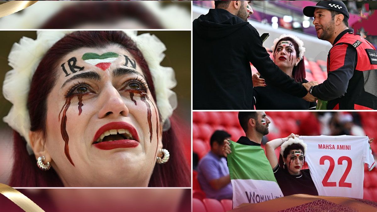 La seguridad qatarí saca del estadio a una mujer iraní que se manifestaba por el asesinato de Mahsa Amini (Foto: Isports)