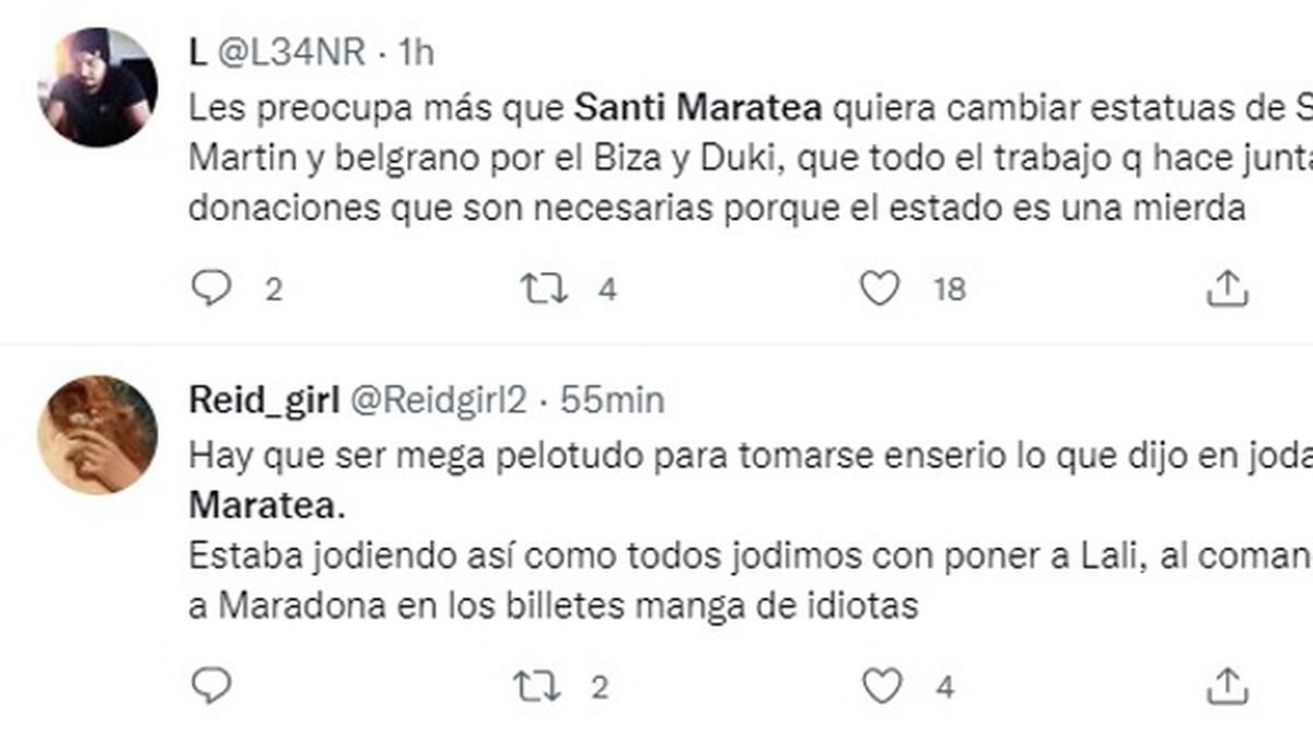 Algunas de las repercusiones en Twitter por el video de Santi Maratea proponiendo a El Duki y Bizarrap como reemplanzantes de San Mart&iacute;n y Belgrano en las estatuas argentinas.&nbsp;