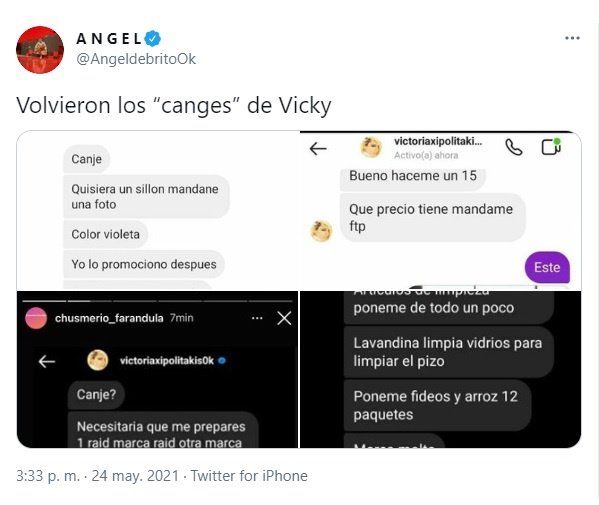 Los supuestos pedidos de canje de la griega Vicky Xipolitakis viralizados en Twitter.