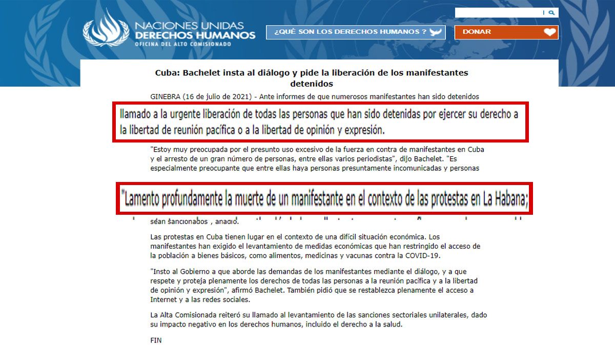 El comunicado de Bachelet insta a la liberación de los detenidos y lamenta la muerte de un manifestante (Foto: A.C.DD.HH. de la ONU)