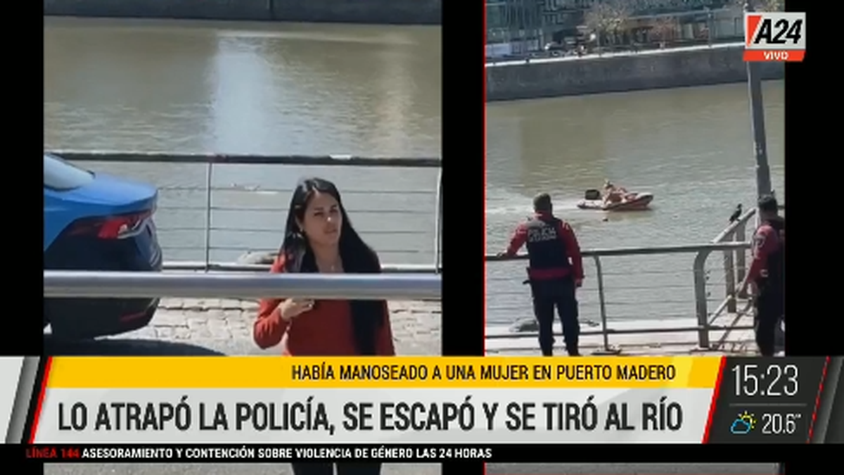 Puerto Madero: un hombre manoseó a una mujer y para escapar de la policía se tiró al dique. (Captura A24)