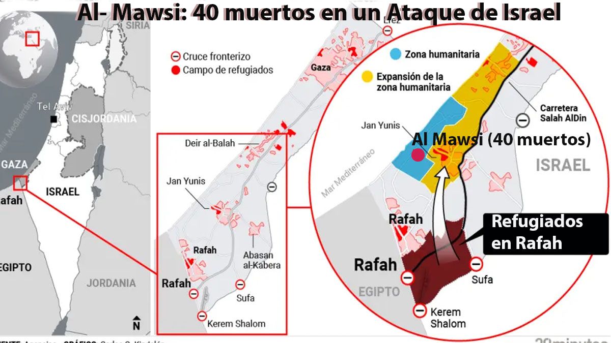 EL campo de refugiados de Al-Mawasi, bombardeado por Israel con un saldo de 40 muertos y 6o heridos. (Foto Gentileza 20 min.)
