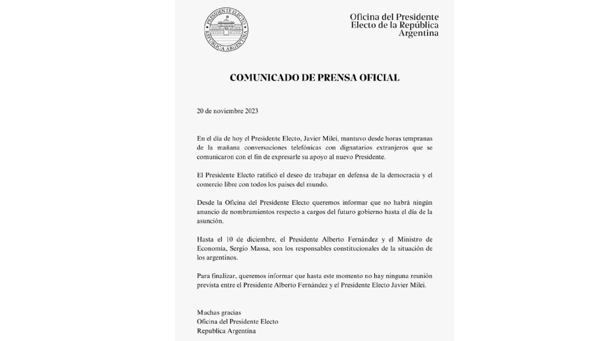 Javier Milei indicó que no habrá más anuncios de nombramientos de su Gabinete hasta asumir. (Foto: Comunicado de prensa oficial) Javier Milei indicó que no habrá más anuncios de nombramientos de su Gabinete hasta asumir. (Foto: Comunicado de prensa oficial)