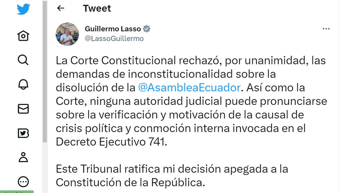 El presidente Lasso celebr&oacute; el aval que le dio el tribunal Constitucional. (Foto: Cuenta de Twitter de Lasso)