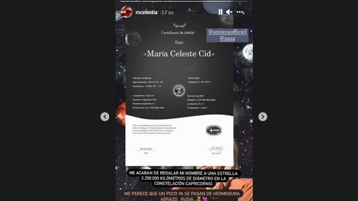 Hace unas horas, Celeste Cid contó que le regalaron su propia estrella.