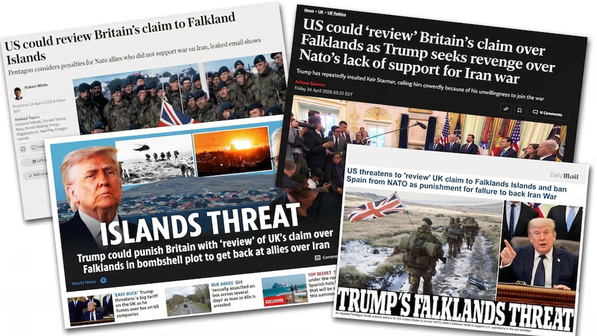 La prensa británcia, con sus diferentes estilos, críticos del supuesto cambio de Trump sobre la cuestión de Malvinas. (Foto: Medios Reino Unido)