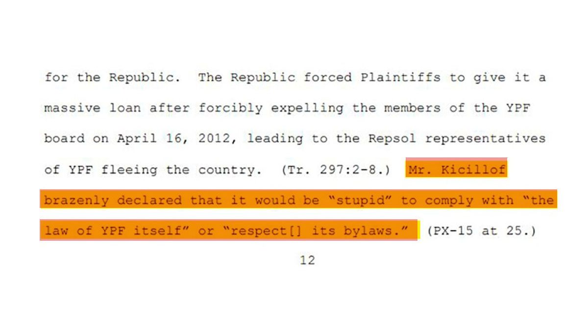 La jueza de Nueva York, citó textualmente palabras del viceministro Kicillof para criticar al estado argentino en la causa de YPF. (foto: Fallo Dra. Preska)