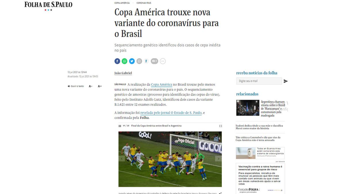 Diarios brasileños dicen que durante la Copa América se detectó otra cepa del Covid-19 (Foto: Folha de Sao Paulo)