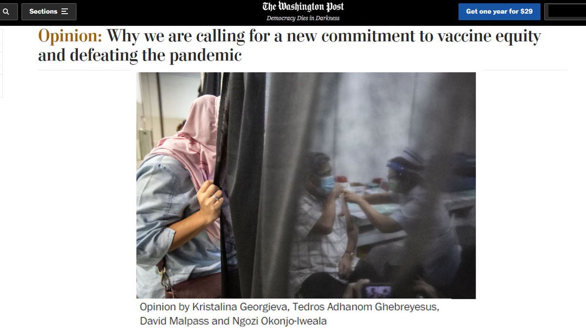 EL FMI, la OMS, la OMC y el Banco Mundial, presentaron su plan contra la pandemia en un artículo publicado en el Washington Post (Foto: Washington Post)