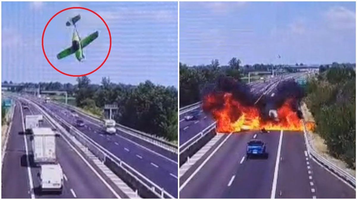 La avioneta, a punto de estrellarse y luego, el fuego que ocupó toda la carretera. (Foto:  Captura de TV)
