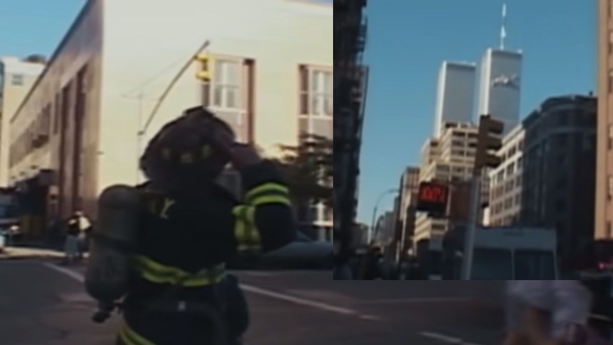 El bombero que reacciona al ver el avión estrellarse contra la torre sur del WTC de Nueva York. (Foto: Captura de TV)
