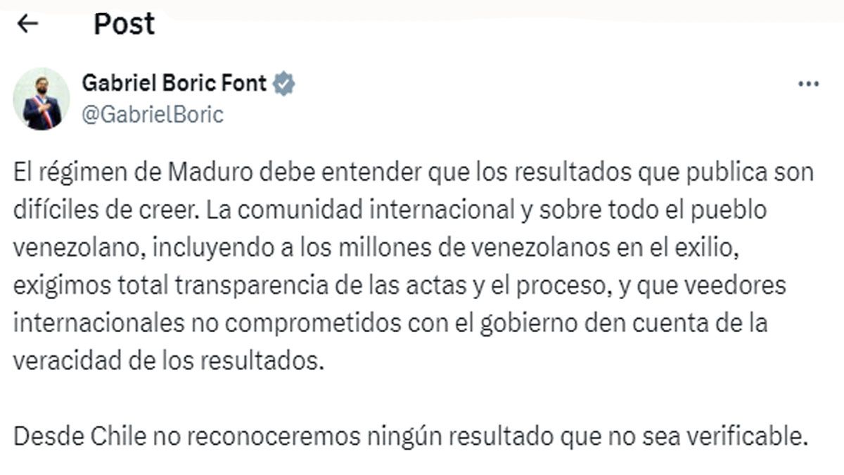El presidente de Chile, uno de los más duros para rechazar la elección en Venezuela. (Foto: Cuenta de X de Boric)