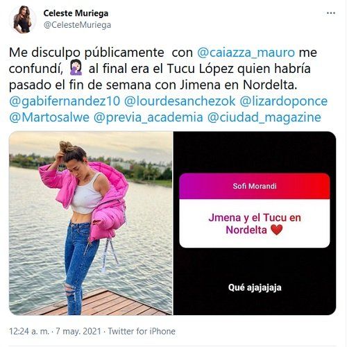 Celeste Muriega pidió disculpas públicamente vía twitter, tras asegurar que Jimena Barón y Mauro Caiazza habían vuelto a estar juntos. 