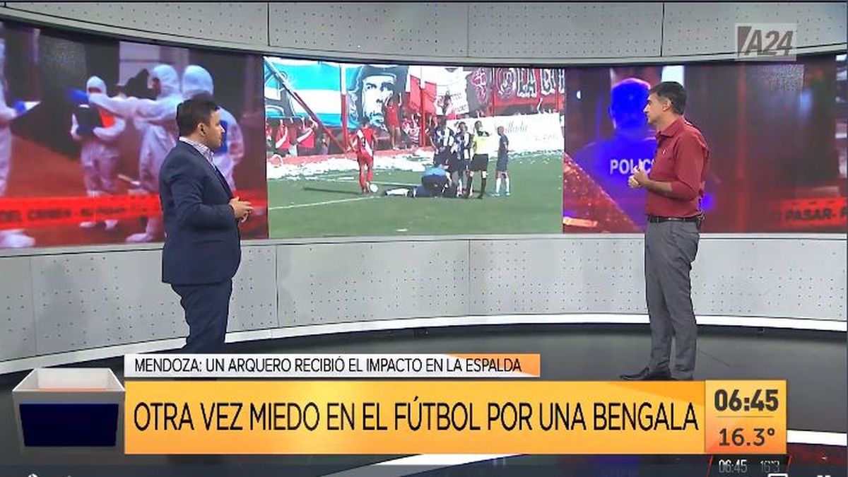 Mendoza: así una bengala agredió a un arquero de la Primera Nacional. (Captura de Tv)
