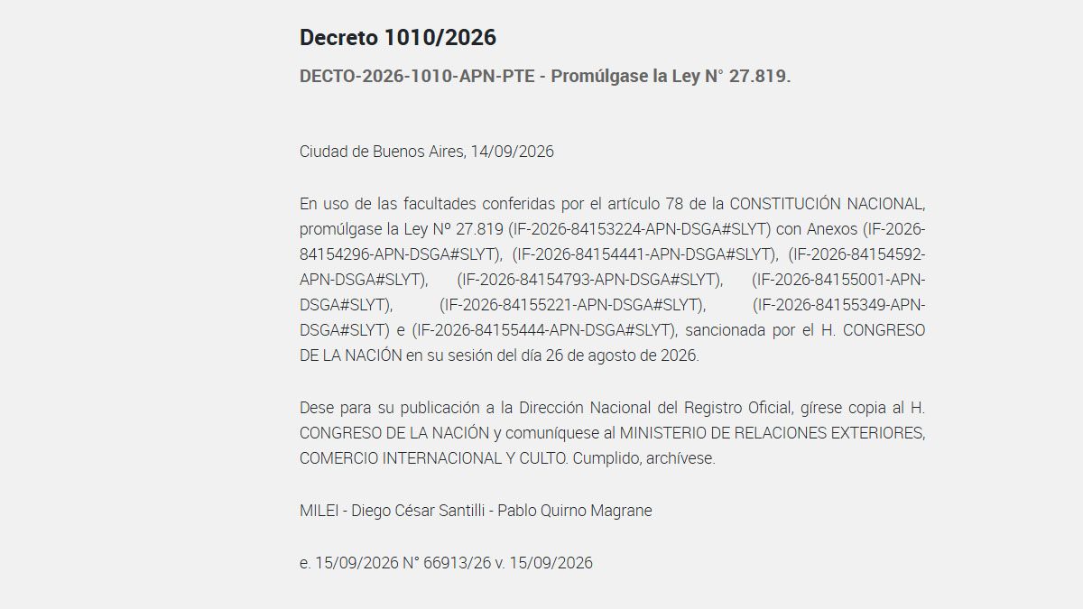 El acuerdo que voto el Congreso por amplísima mayoría entra en vigencia con la publicación en el Boletín Oficial. Es un convenio para incrementar la relación comercial entre el Mercosur y Singapur, uno de los tigres económicos de Asia. (Foto: Boletín Oficial)  