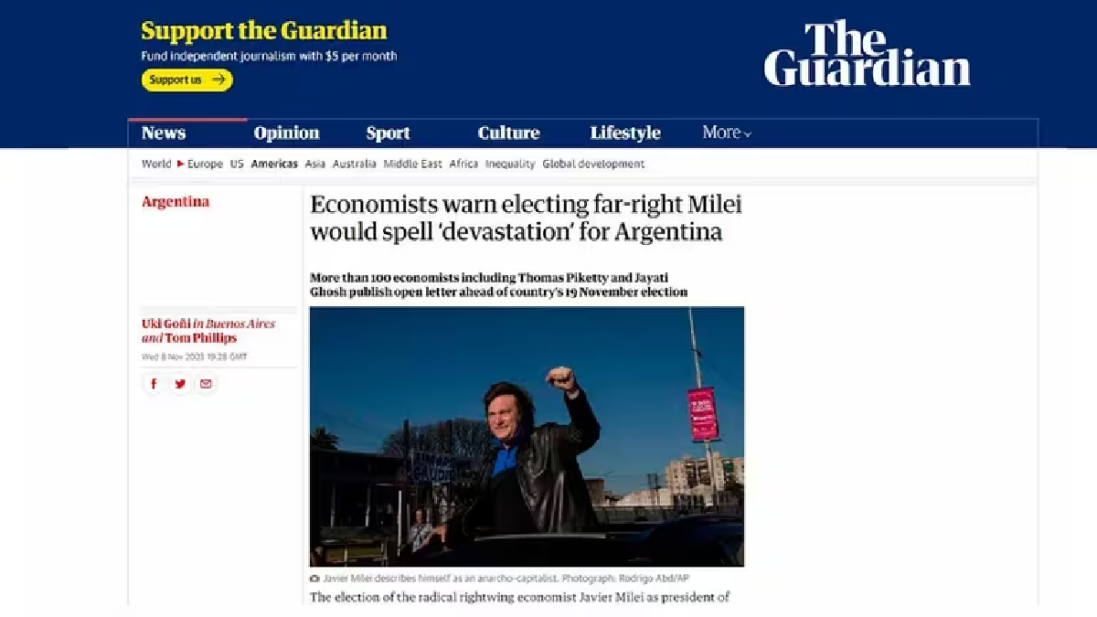 The Guardian: más de 100 economistas advirtieron que si gana Javier Milei habrá devastación y caos. (Foto: archivo)