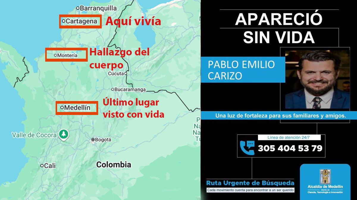 Viajaba de Medell&iacute;n a Cartagena. son 600 Km de distancia. Pero encontraron su cuerpo sin vida en la localidad intermedia de Monter&iacute;a. Al lado, el aviso triste en el que informaron el hallazgo del bartender argentino muerto. (Foto: A24.com)