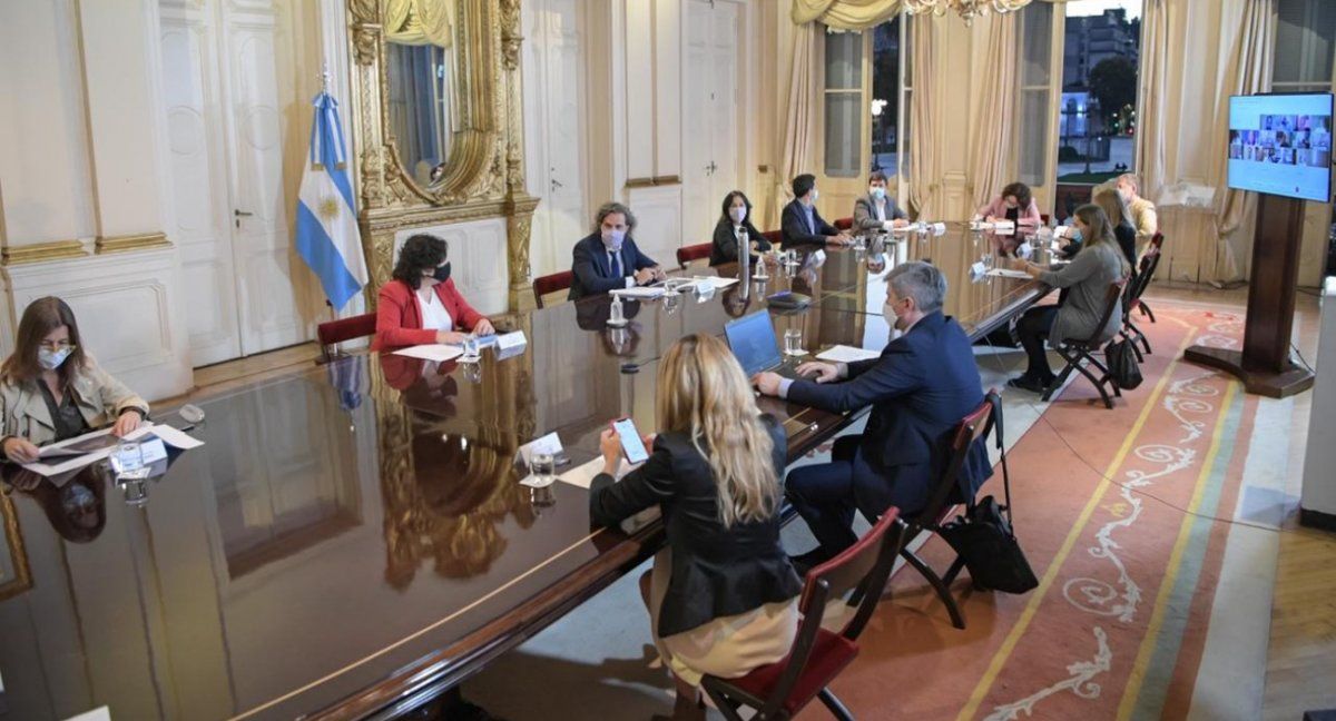 Expertos y funcionarios reunidos con Santiago Cafiero y Carla Vizzotti (Foto: Presidencia).
