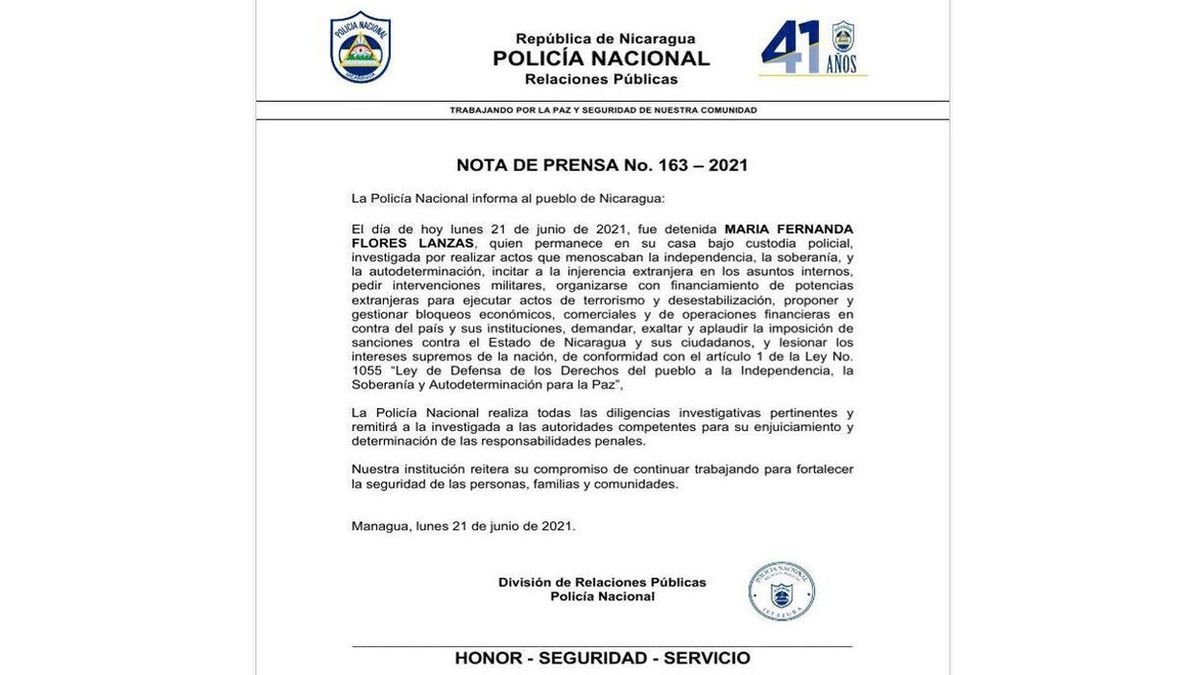 El acta policial que deja constancia de la detención de la ex primera dama, María Fernanda Flores (Foto: cuenta de Twitter de la Policía Nacional nicaragüense) 