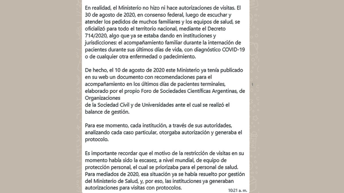 El Ministerio de Salud de la Nación desmintió que hubiese excepciones para visitar a enfermos graves en terapia intensiva durante la pandemia de Covid. (foto: Min. de Salud)
