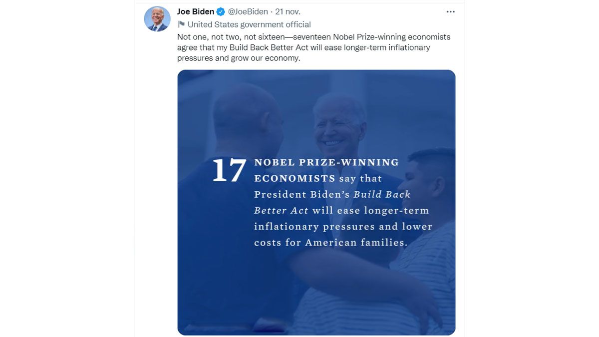 Joe Biden toma el apoyo de 17 premios nobel de economía para defender su política de expansión del gasto público que provocó una mayor inflación (Foto: Cuenta de Twitter de Joe Biden)